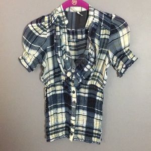 Plaid blue sheer blouse with ruffles (XS)